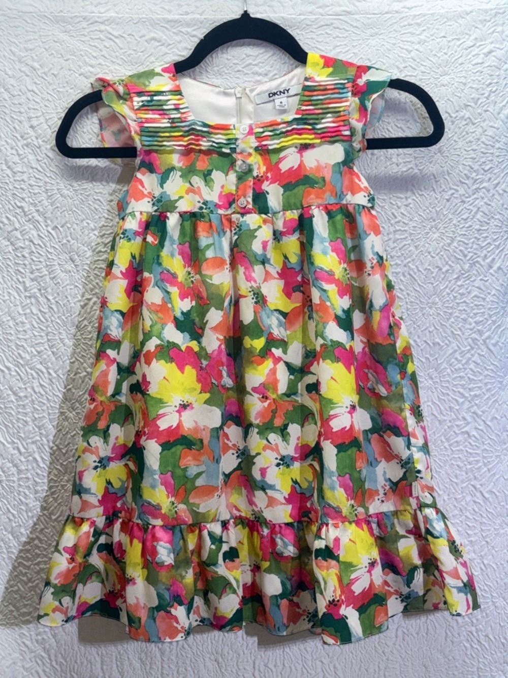 DNKY Girls Floral Print Ruffle Flutter Sleeve Dress